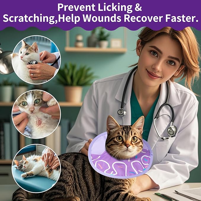 Cat Recovery Collar Lightweight Soft Cats Cone Cute Donut Shape Adjustable Fasteners Waterproof Pet Collar After Surgery to Prevent Licking for Kitten and Puppy (Purple, Small)