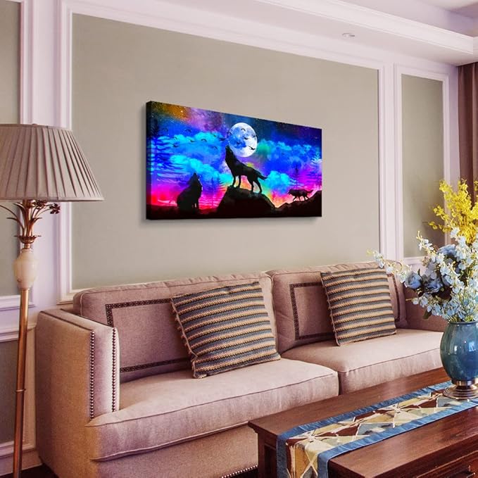 Canvas Wall Art For Living Room Family Wall Decor For Bedroom Modern Office Decorations Animal Wolf Wall Pictures Artwork Blue Starry Sky Scenery Painting Room Canvas Art Prints Home Decor 20" X 40"