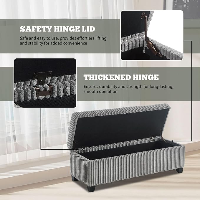 48" Ottoman with Storage, Corduroy Storage Ottoman Bench for Bedroom, End of Bed Bench with Safety Hinge for Living Room, Bedroom, Entryway, Grey