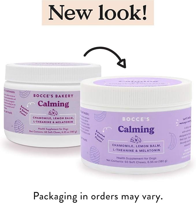 Bocce's Bakery Calming Supplement for Dogs, Daily Chews Made in The USA with Chamomile, Lemon Balm, L-Theanine & Melatonin, Supports Stress, Peanut Butter & Honey, 60 ct