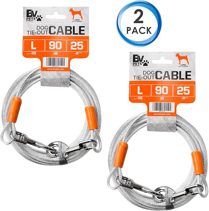BV Dog Tie Out Cable 25 Feet - Heavy Duty Dog Lead Up to 90 Pounds - Reflective & Rust-Free with Quick Release Swivel Clips & 360° Rotating Clasp - Tangle-Free Dogs Runner for Yard (Silver, Pair)