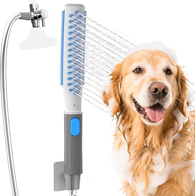 Dog Shower Attachment, Dog Washing Hose Attachment with Metal T-Diverter, Dog Bathing Supplies with 3 Spray Modes & One-Button ON/OFF Indoor and Outdoor Sprayer 8-Foot Hose