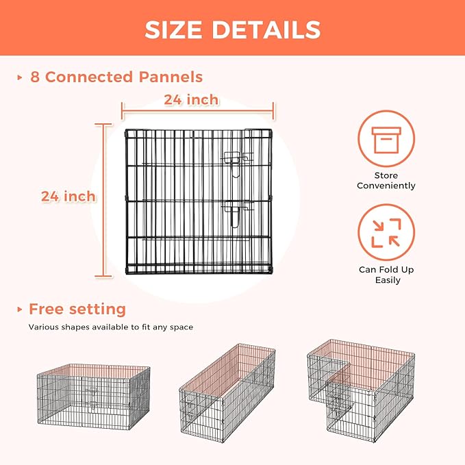 Foldable Dog Playpen 24" Height 8 Panels Metal Exercise Pen with Door - Indoor/Outdoor Puppy Playpen for Small Dogs, Portable Pet Fence for Yard Garden Camping, Black