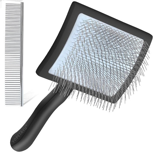 Dog Slicker Brush for Shedding and Grooming Medium or Long Haired Cats, Extra Long & Soft Pin Slicker Brush for Removes Loose Hair, Tangles, Knots, Undercoat, Free Pet Comb, Large Black