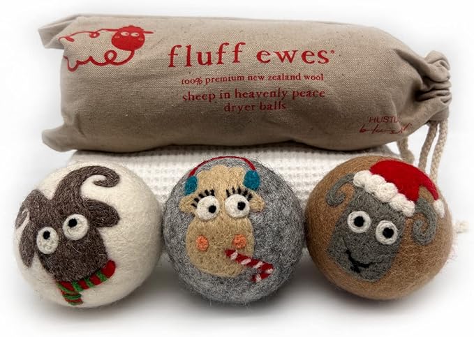 Fluff Ewes Wool Dryer Balls 3 Pack Premium New Zealand Wool Laundry Balls for Dryer, No Static Dryer Balls Laundry Reusable, XL Christmas Dryer Balls, Holiday Dryer Balls - Sheep in Heavenly Peace