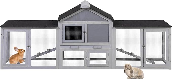 82.5” Large Wooden Rabbit Hutch Outdoor Easy to Assemble Rabbit Cage and Durable Bunny Hutch Indoor with Cleaning Tray & Waterproof Roof for Small and Medium Bunny Rabbit Chick (Grey)