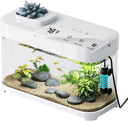 Smart Fish Tank Aquarium 3 Gallon with Heater, Temperature Monitor, 3 Stage Filtration, 8 Color Lighting, Aquarium Siphon, Small Betta Tank Kit, Acrylic