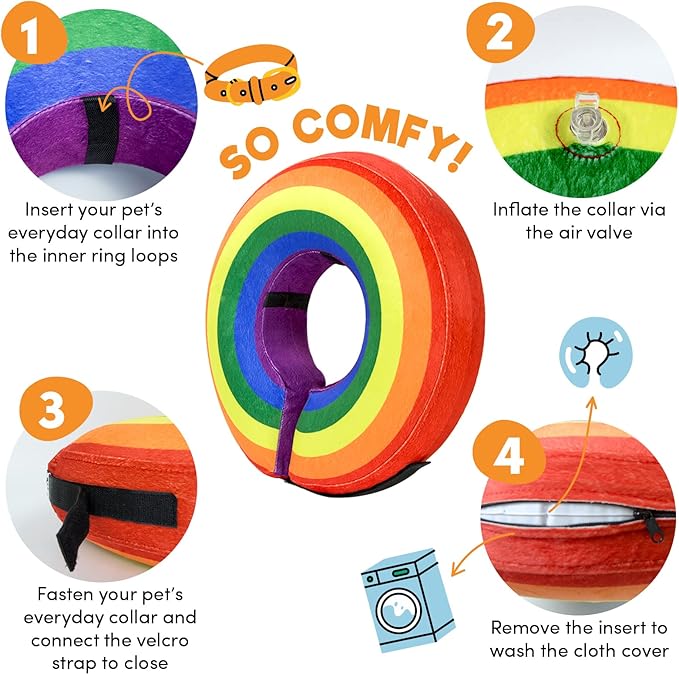 BENCMATE Inflatable Dog Cone Collar Alternative, Soft Dog Cone for Small Medium Large Dogs and Cats, Neck Recovery ECollar Donut Collar After Surgery (XLarge, Rainbow)