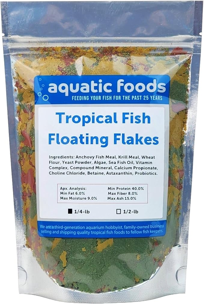 Aquatic Foods Inc. Tropical Fish Flakes, Mix of Krill, Color Enhancing, Spirulina Flakes for Cichlids, Angels, Tetras, Guppies. 12-Type Pellet Mix & 4-Type Wafers Included...WL 1/4-lb Foil Bag
