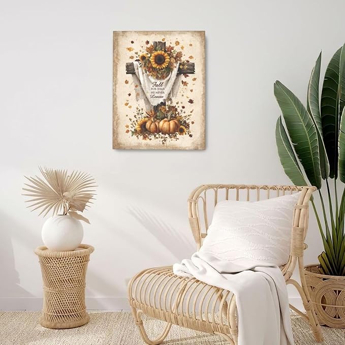 Christian Fall Wall Art Autumn Rustic Cross Sunflower Pumpkin Wall Decor Fall for Jesus He Never Leaves Pictures Painting Print Framed Artwork Decorations Gifts for Living Room Bedroom Prayer Room Office 16"x20"