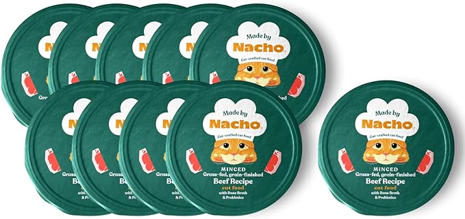 Made by Nacho Wet Cat Food, Grass-Fed, Grain-Finished Minced Beef in Bone Broth for Hydration with Prebiotics for Digestive Health, High Protein, 2.5oz Cups (10 Pack)