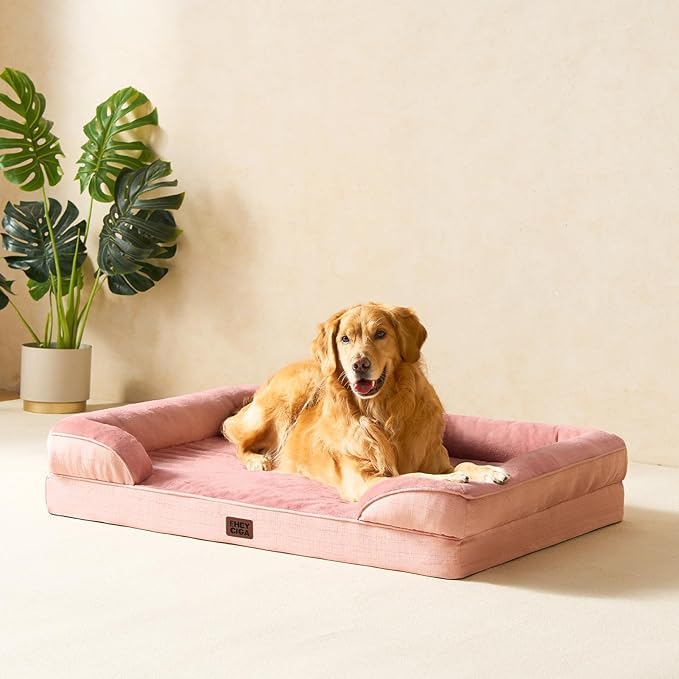 EHEYCIGA Orthopedic Dog Beds for Large Dogs, Waterproof Memory Foam Large Dog Bed with Sides, Non-Slip Bottom and Egg-Crate Foam Pet Couch Bed with Washable Removable Cover, Dusty Pink
