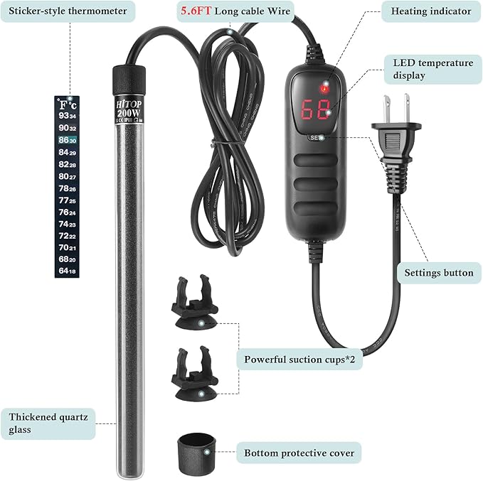 HITOP Compact Submersible Aquarium Heater - 200W Digital Heater for Fish Tank Turtle Tank 25-50 Gallon, Saltwater and Fresh Water with Temperature Controller