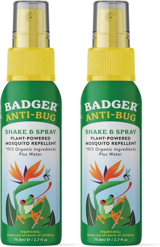 Badger Bug Spray Travel Size, Family Friendly All Natural Mosquito Repellent w/Organic Essential Oils, Smells Great, 3 Hours Effective, Deet-Free, Vegan, Travel Insect Repellent, 2.7 fl oz, 2-Pack