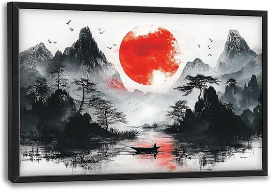 Framed Large Japanese Mountain Wall Art for Living Room, Oversized Asian Red Sun Lake Landscape Wall Decor Nature Canvas Painting Home Decoration for Living Room Bedroom Office 36"x24"
