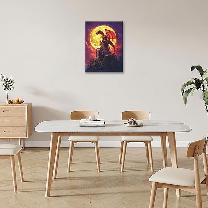 Dragon Bathroom Pictures Wall Art, Red Dragon Castle Bathroom Wall Decor, Framed Painting Canvas Artwork for Bedroom Living Room Decorations 20"L x 16"W