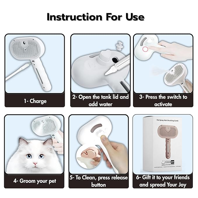 4 in 1 Cat Steam Brush: steam brush for cats, Grooming, Shedding, Mist Spray, Hair Removal Comb & Massager, USB Rechargeable Self Cleaning cat steam brushes for indoor cats - White