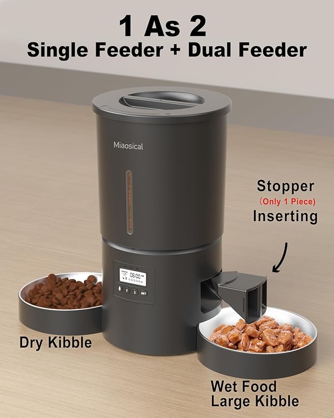 Dual Automatic Cat Feeder 2 Cats,6 Meals/Day,12 Portions/Meal,4.2L Dual Power Double Bowls Feeder,Dry Food Auto Pet Dispenser,10S Voice Record,Flexible Schedule Timer (Black,Stainless Dual Bowls)
