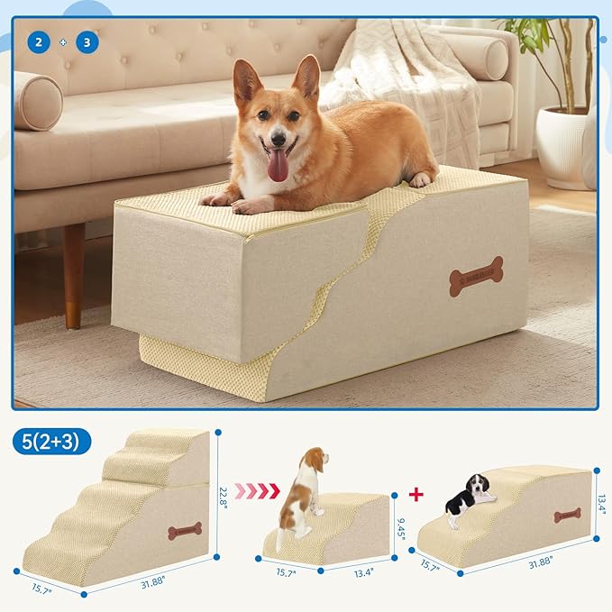 5-Step Spliceable Pet Stairs: Indoor& Outdoor Multi-Use with a Removable Cover and a Pocket, Best for Small Pets and Older Dogs Who Has Spine and Arthritis Issues to Get on High Beds, Beige（22.8" H）