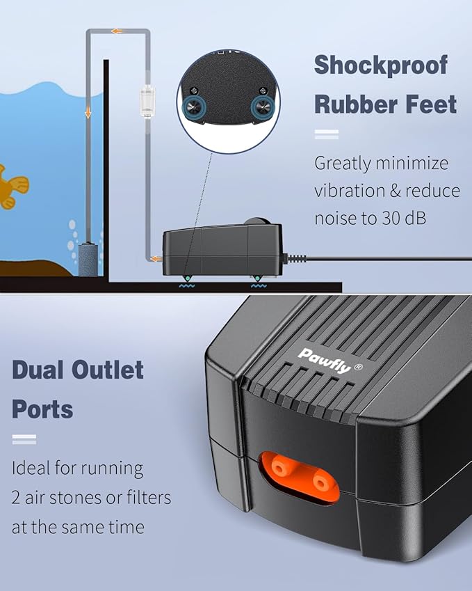 Pawfly Aquarium Air Pump Oxygen Pump for 10-200 Gallon Fish Tanks Buckets Dual Outlet Adjustable Ultra Quiet Aerator Pump with Accessories
