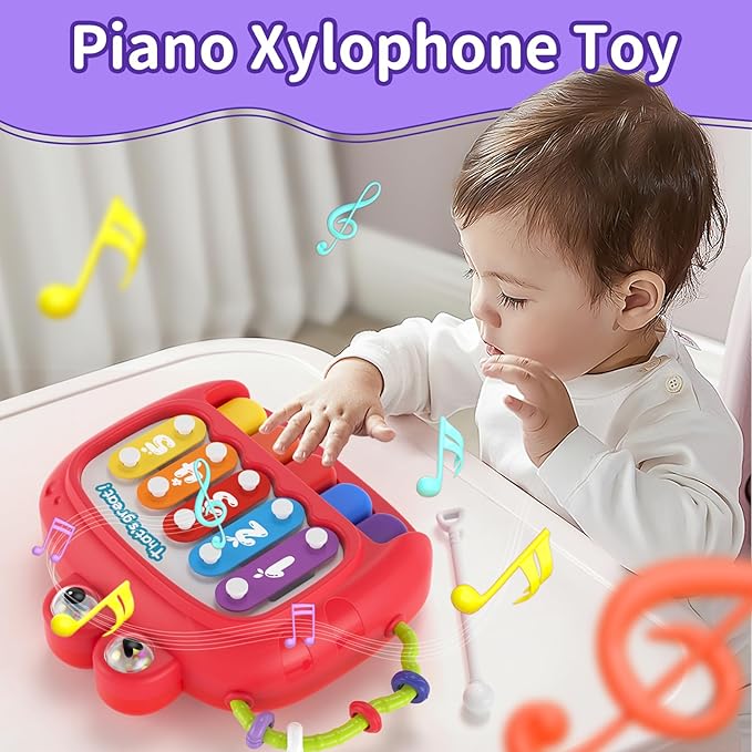 4 in 1 Baby Toys for 6 12 18 Month, Learning Toys for Babies 6-12 Months, Busy Cube, Stacking Sorter, Piano Xylophone Pull String Travel Toy, Birthday Gifts for Toddlers 1 2 Years Old