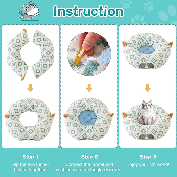 Cat Tunnel Bed with Soft Cushion, Cat Donut Tunnels for Indoor Cats, Peekaboo Cat Cave Toy, Multifunctional Playground Toys for Kittens, Rabbit, Blue Jacquard Pattern