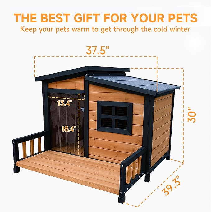 GARWOOD Large Outdoor Indoor Wooden Dog House for Small Large Dog Kennel Wood Sturdy Pet Puppy Warm Home with Durable Weatherproof Asphalt Roof Insulated Elevated Floor Outside Shelter Brown 39x37x30“