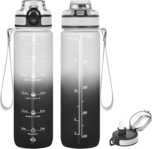 32oz Motivational Water Bottles with Time Marker & Fruit Strainer, Transparent Gradient Color Water Bottle with Times to Drink, Leakproof & BPA Free, Reusable Bottle with Strap (No Straw)
