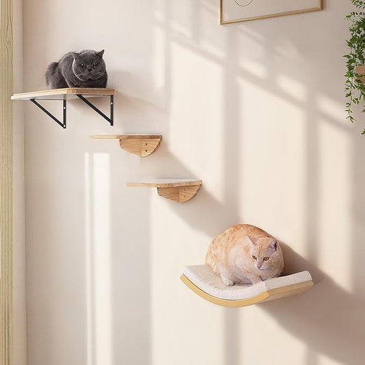 Cat Wall Shelf & Window Perch Combo, Wood Cats Wall Furniture with Soft Foam Curved Bed and Felt-Padded Steps, 4-Piece Floating Cat Climbing System