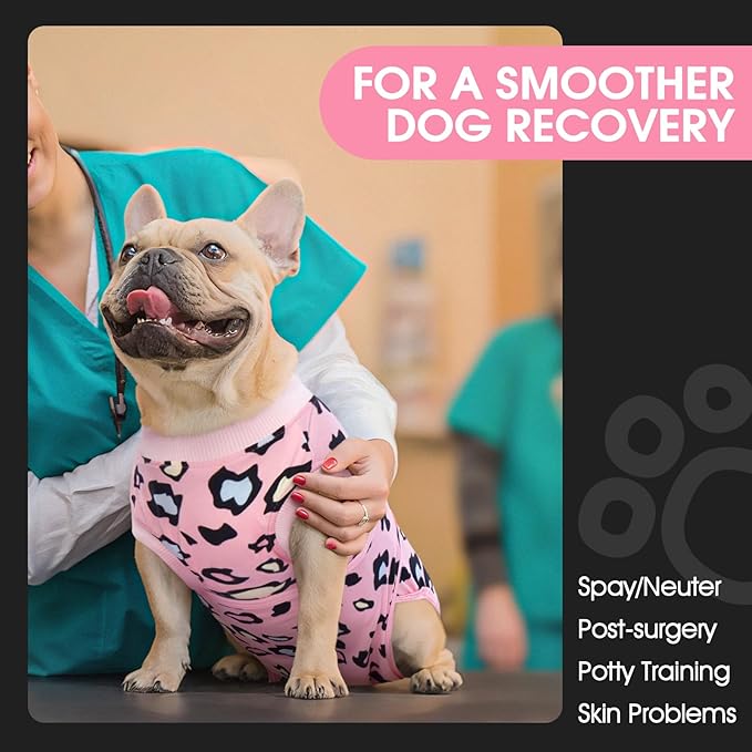 FUAMEY Recovery Suit for Dogs After Surgery,Soft Breathable Dog Bodysuit E-Collar & Cone Alternative Surgical Suit,Male Female Dog Neuter Spay Suits Anti Licking Wounds Onesie Pink Leopard XS