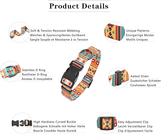 HEELE Dog Collar, Adjustable Soft Dog Collar for Small Medium Large Dogs,Floral Patterned Puppy Collars with Quick Release Buckle M Length 13.39''-20.87''