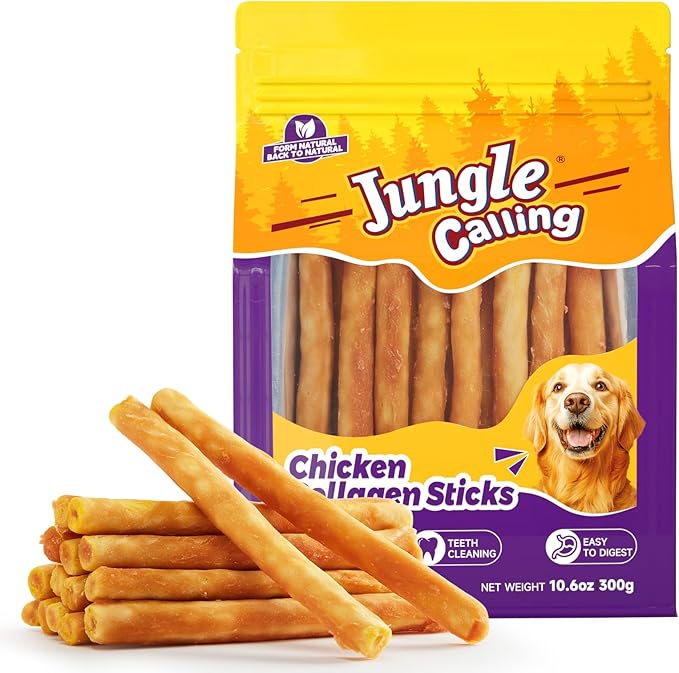 Jungle Calling Dog Treats, Chicken Beef Collagen Sticks, Chew Bones Treat for Small Medium Breed Moderate Chewers, Bully Stick, Long Lasting High Protein Easy to Digest, 5 Inch 10.6 oz