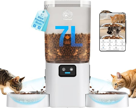 Automatic Cat Feeder with Two HD Camera for 2 Cats: 7L Automatic Dog Feeder with Night Vision & Slow Feed, 5G WiFi Auto Cat Food Dispenser for Multiple Pet, Detachable for Cleaning - 29 Cup