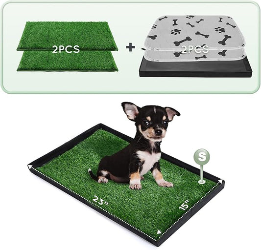 Dog Grass Pad with Foldable Dog Litter Box,Small Liner Base for Balcony，Ultra-Absorbent Artificial Grass Pads for Dogs Pee Pad Holder, Potty Training, 2 PCS Reusable Pee Pads