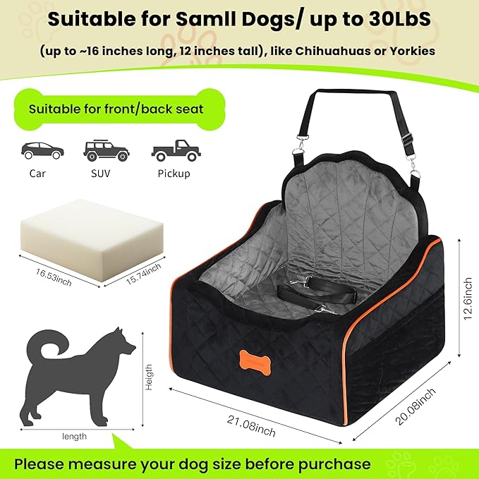 Dog Car Seat for Small Dogs Under 30lbs, Detachable Washable Pet Booster Seat with Safety Belt & Storage Pockets, Travel Car Bed, Black/Grey