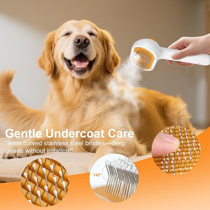 Pet Steam Brush for Dog & Cat - 3-in-1 Steam Grooming Brush for Shedding & Hair Removal - Self Cleaning Spray Comb with Mist for Long Haired Pets - Includes 2*Waterless Shampoo, Yellow