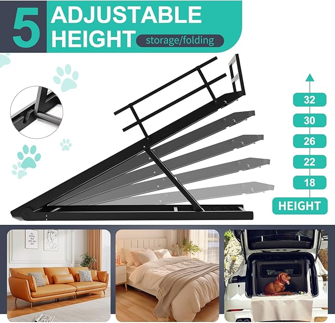 Dog Ramp, 5 Level Adjustable Height Folding Pet Ramp for High Bed, Portable Paw Ramps Large Bed Ramp for Medium & Large Old Dogs & Cats - Natural Wood Furniture Quality