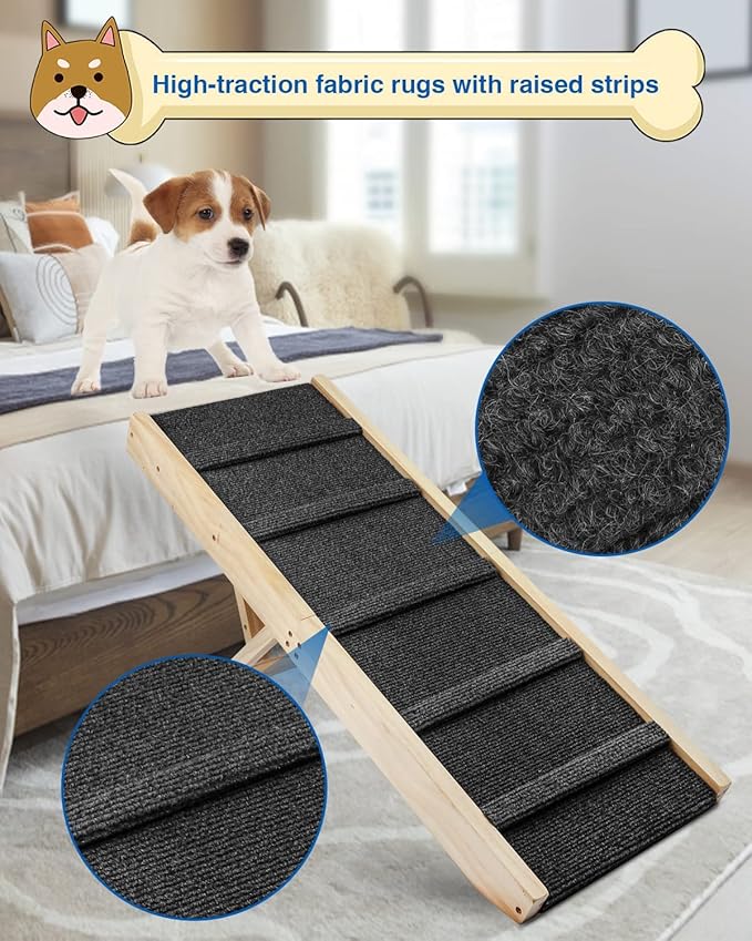 Adjustable Dog Ramp, Wooden Folding Portable Pet Ramp,Rated for 30 LBS, 32.6" Long and Adjustable from 10" to 19" with Non-Slip Traction Mat, Dog Step for Bed, Couch,Car (Grey)