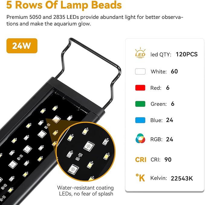 hygger 24W LED Aquarium Light, 24-30 Inch Fish Tank Light with Timer Auto On/Off, Sunrise Sunset Mode, Adjustable Brightness and Colors, Full Spectrum Light with Extendable Brackets for Freshwater