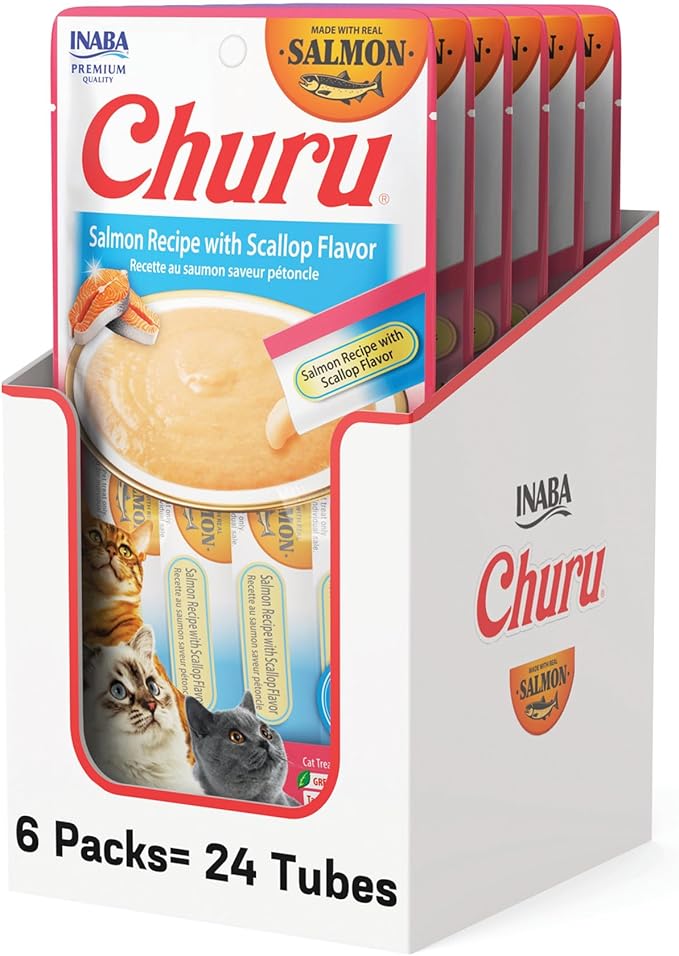 INABA Salmon Churu Cat Treats, Lickable, Squeezable Creamy Purée Cat Treat with Green Tea Extract & Taurine, 0.5 Ounces Each Tube, 24 Tubes (4 per Pack), Salmon Recipe with Scallop Flavor