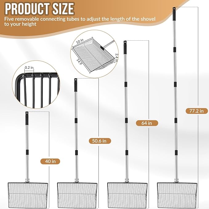 SlowTon 15-inch Large Chicken Poop Scooper - 5 in 1 Multifunctional Chicken Litter Scoop with 40 to 77in Stainless Steel Handle, Heavy Duty Chicken Coop Cleaning Tool Litter Sifting Shovel