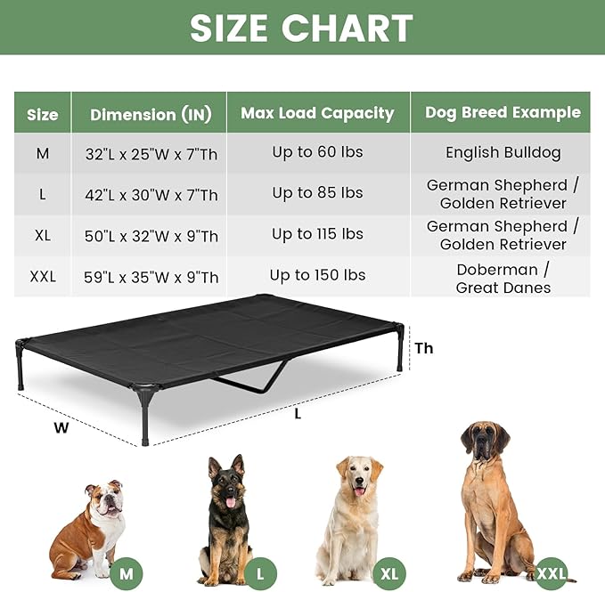 Elevated Dog Bed for Outdoor, XL Raised Dog Cot with Washable Mesh, Cooling Pet Cot Chew Proof for Outside Camping, 49"x33" Grey
