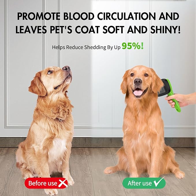 Dog Self Cleaning Slicker Brush for Shedding, Ideal for Short Long Haired Dogs, Including Cat. Removes Loose Fur, Undercoat, Mats, Tangled Hair. Suit for Large Medium Small Animal, Green