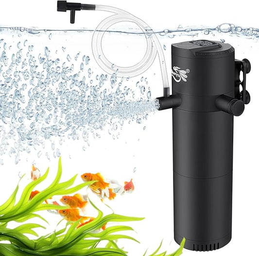 Aquarium Filter for 40-120 Gallon Tank, Fish Tank Filter with Wave-Maker Oxygenation Circulation, Adjustable Air Flow Filter for Freshwater & Saltwater, 4 in 1 Submersible Filter (12W)