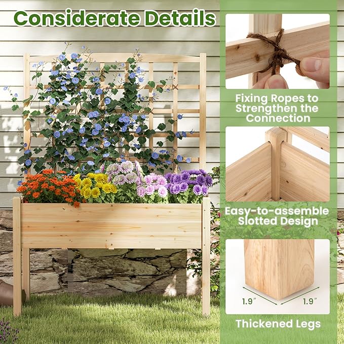 Giantex Raised Garden Bed with Trellis, Wooden Elevated Planter Box with Legs, Drainage Holes for Climbing Plants Vines Vegetables Flowers Herbs, Outdoor Horticulture Planter for Patio Yard (Natural)