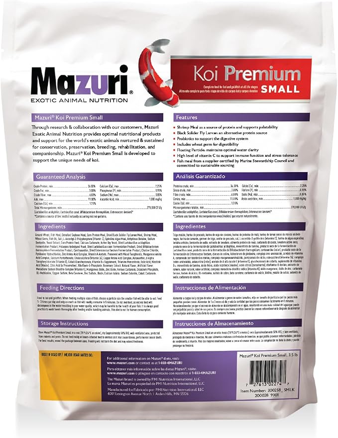 Mazuri Koi Premium Food Small - 2mm Pellet Food for Koi & Goldfish up to 6 inches, 3.5 Pound (3.5 LB) Bag