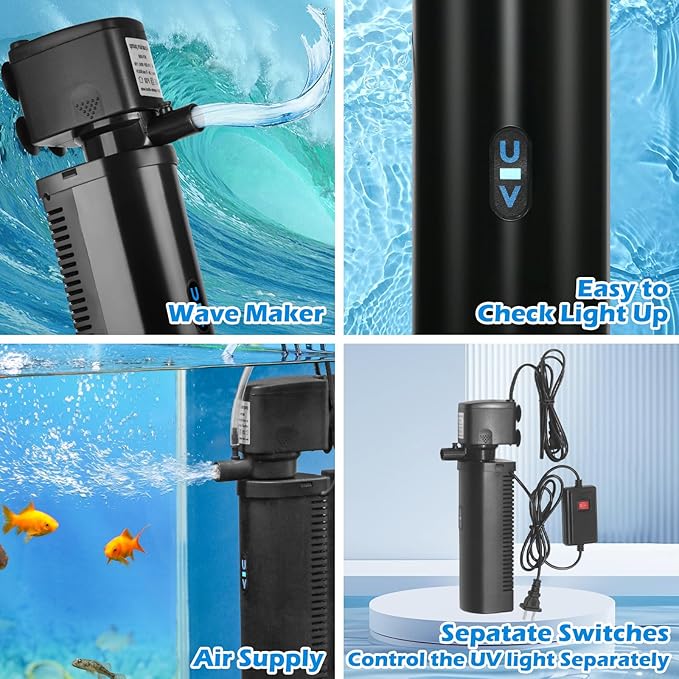 Small Pond Filter for 75-300 Gallon Tank, Aquarium U-V Filter Green Clean Machine Submersible Powerful Pump Canister Filter 600GPH for Fish Turtle Tank Saltwater Freshwater Crystal Clear Green Killing