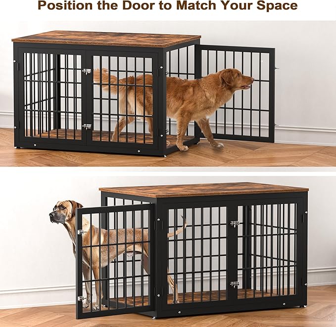 48 Inch Rustic Heavy Duty Dog Crate Furniture for Extra Large Dogs, Decorative Pet House End Table, Wooden Cage Kennel Furniture Indoor, Black and Brown