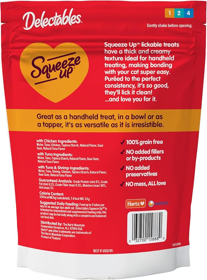 Delectables Squeeze Up Variety Pack, Creamy Squeezable Puree, Lickable Wet Cat Treats, Grain Free, No Added Fillers, No By-Products, No Added Preservatives, 0.5 Ounces Tube, 24 Tubes Total
