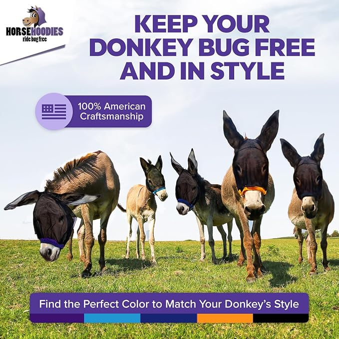 Donkey Fly Mask with Long Ears (Orange) Made in USA - Mule Fly Mask with Ears Protection from Insects and Bugs, Small Donkey Soft Mesh Fabric with Adjustable Fastener, Face Cover Supplies for Donkeys